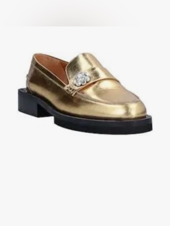 Ganni Shoes - GANNI Gold Metallic Loafers Crystal Embellished Leather Size 39